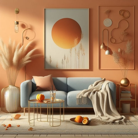 Interior of modern living room with blue sofa, orange wall, 3d renderの素材