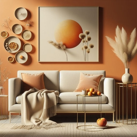 Living room interior with beige sofa, coffee table, flowers, pampas grass, orange wall mock up, 3d renderの素材