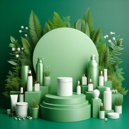 3d render of cosmetic product display podium with green leaves and round podium.の素材