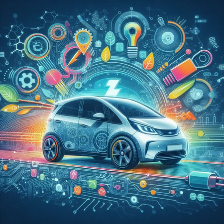 Modern electric car on abstract background with HUD elements. 3D renderingの素材