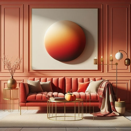 Living room interior with red sofa, coffee table and round poster. 3d renderの素材