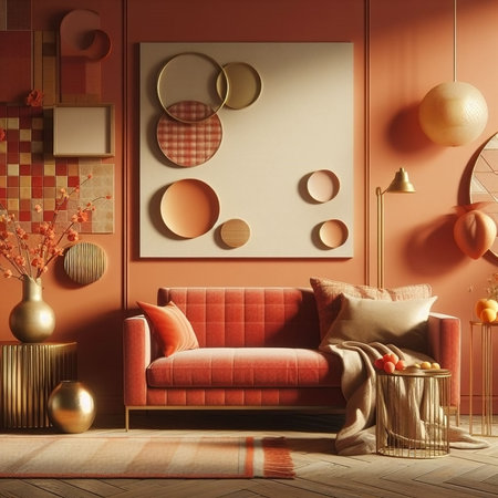 Interior of modern living room with red sofa, round mirrorrative elements, plaid, 3d renderの素材