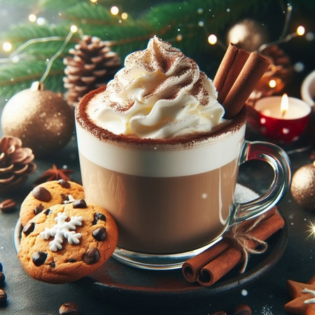 Cup of hot chocolate with whipped cream, cookies and Christmas decorations on dark backgroundの素材