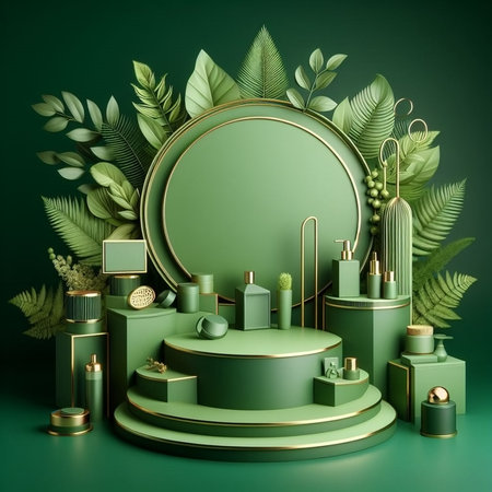 3d render of podium for product display with round frame and green leavesの素材