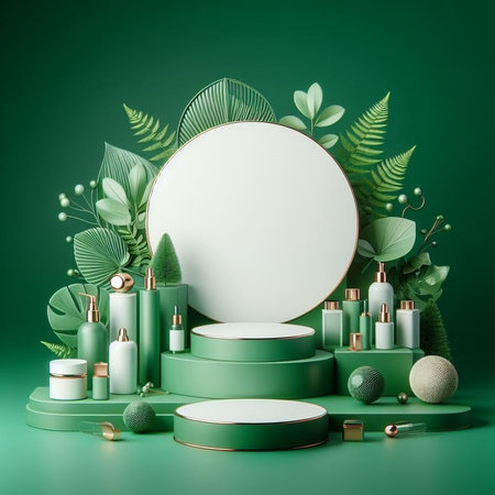 3d render, abstract background, podium for product presentation, blank round frame, cosmetic products, palm leaves, flowersの素材