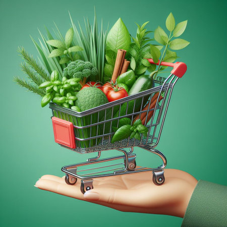 Vegetables in shopping cart on green background. Healthy food conceptの素材