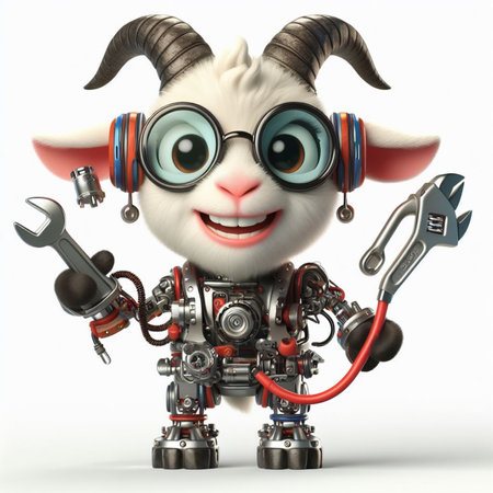 3D rendering of a cute cartoon robot with a lot of toolsの素材