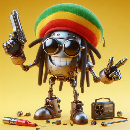 Vintage robot in a hat and glasses with a gun on a yellow backgroundの素材