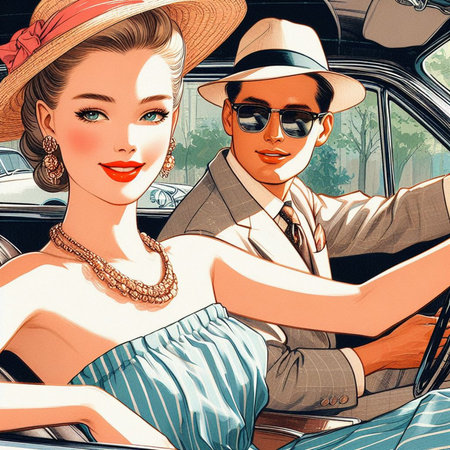 Retro stylized illustration of a young couple sitting in a car.の素材