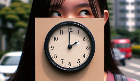 Asian girl holding a clock in front of her face on the streetの素材