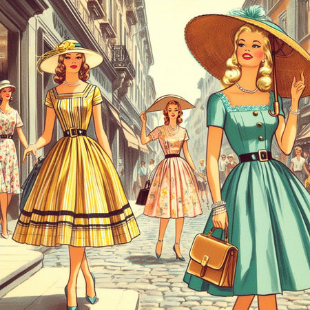 Fashionable girls in the city street. Retro stylized illustration.の素材