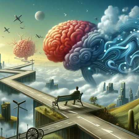 Conceptual image of human brain on the road in the skyの素材