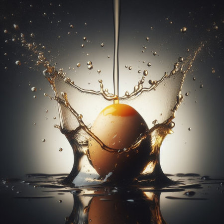 Boiled egg splashing into water with splash on grey background.の素材