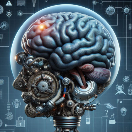 Human brain with gears and cogwheels. 3D illustration.の素材