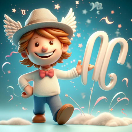 3d illustration of a little boy in a hat with wings holding the letter nの素材