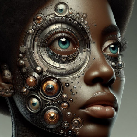 Beautiful african american woman with mechanical gears. 3d renderingの素材