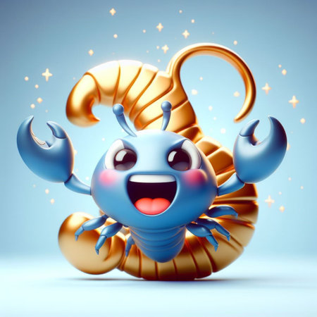 Cute cartoon scorpion on blue background. 3D illustration.の素材