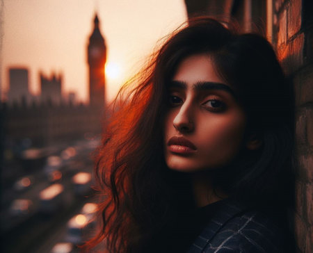 Portrait of a beautiful young brunette woman with long curly hair in a blue jacket in the city at sunset.の素材