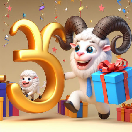 3d illustration of cartoon character with euro sign and sheep with gift boxesの素材