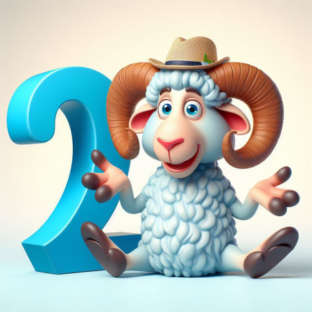 3d rendered illustration of a sheep cartoon character with number 2 signの素材