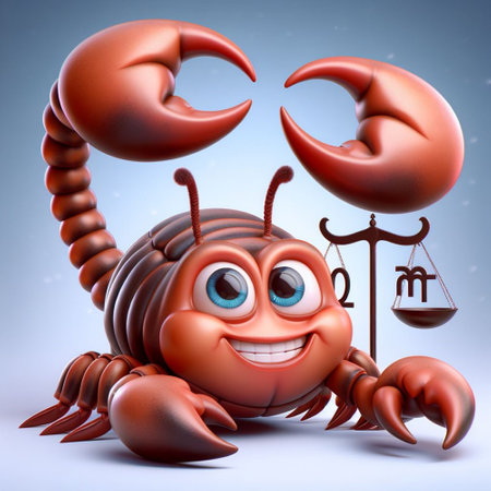 Cute cartoon crab with scales of justice. 3D illustration.の素材