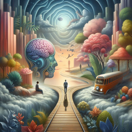 Digital illustration of a human brain on a wooden walkway in a fantasy landscape.の素材