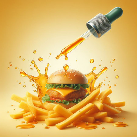 Hamburger with french fries and oil splash. 3d illustrationの素材