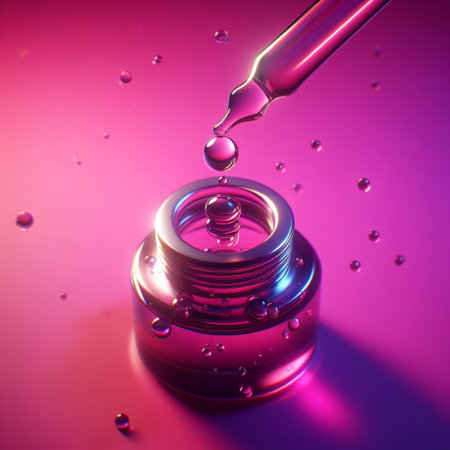 Pipette with a drop of essential oil on a pink backgroundの素材
