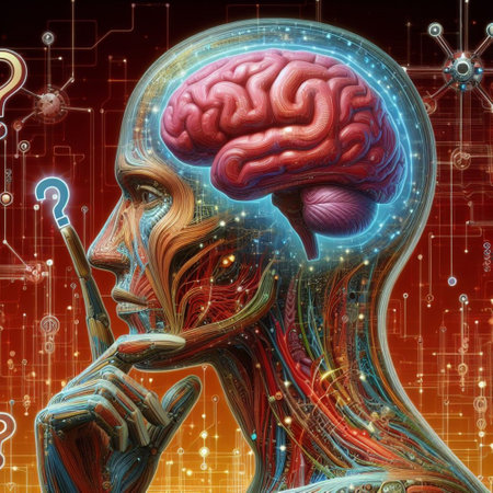 Digital illustration of  brain in colour  background with question mark.の素材