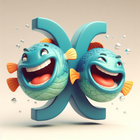 Cute cartoon fish character with water drops. 3D illustration.の素材