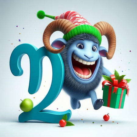 Funny cartoon monster with a gift box and a number 21 on a white backgroundの素材