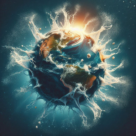 Global warming concept. 3D rendering of planet Earth with splash of water.の素材