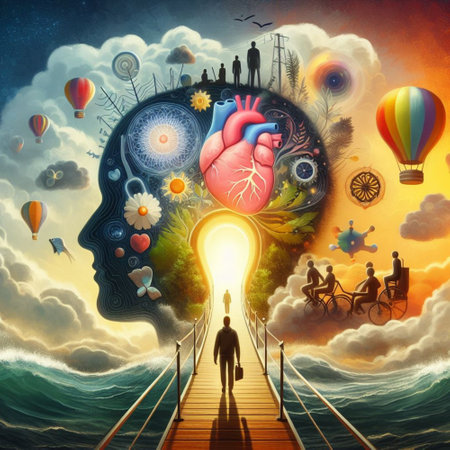 Human heart in the form of a human head on the background of the sea and the skyの素材