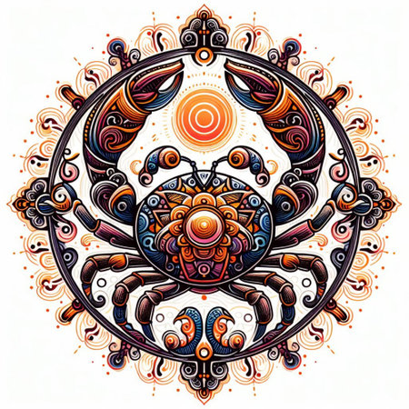 Colorful hand drawn vector illustration of a crab with tribal ornamentsの素材