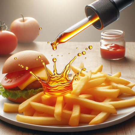 Hamburger, french fries and juice splash on wooden table.の素材
