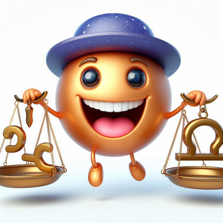 Smiley emoticon with hat and scales of justice, 3d renderingの素材