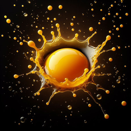 Fried egg in a splash of yellow juice on a black backgroundの素材