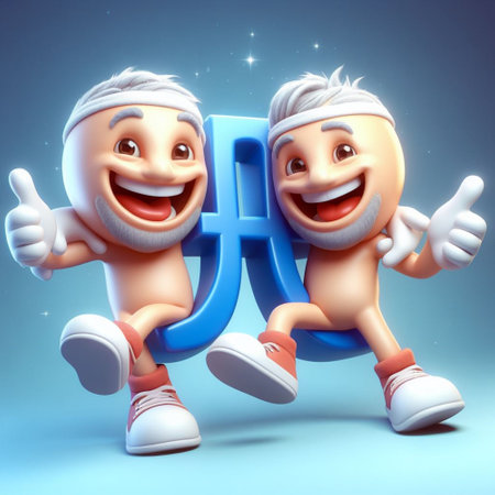 3D Illustration of two happy cartoon characters with a big letter Uの素材