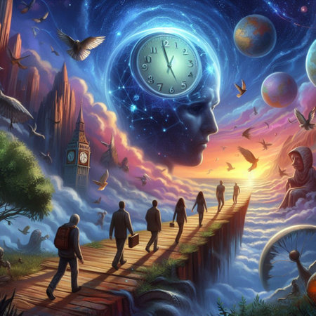 Fantasy scene with human face and clock on the background of the universeの素材