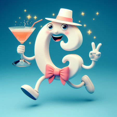 3d illustration of number three cartoon character with a cocktail and hatの素材