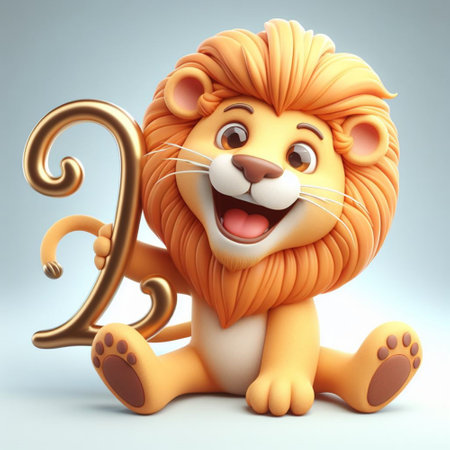 Cartoon lion sitting on the floor with numbers. 3d illustrationの素材