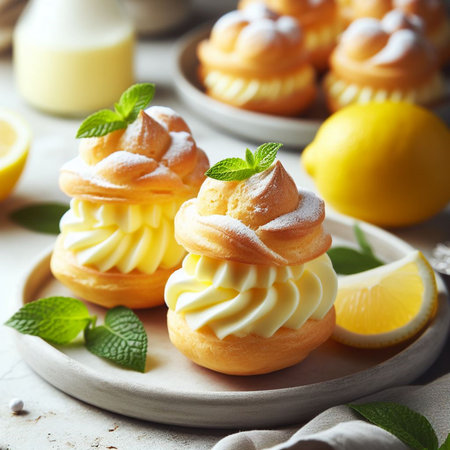 Lemon eclairs with whipped cream and mint on a stone backgroundの素材