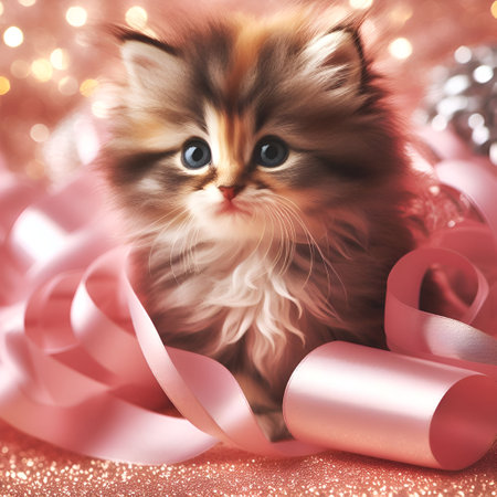 Cute fluffy kitten with Christmas decoration on bokeh background.の素材