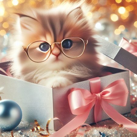 Cute kitten with eyeglasses in gift box on Christmas backgroundの素材