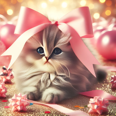 Cute kitten with pink bow on bokeh background. Christmas card.の素材