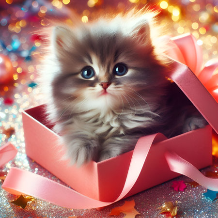 Cute kitten in a gift box on a background of Christmas decorationsの素材