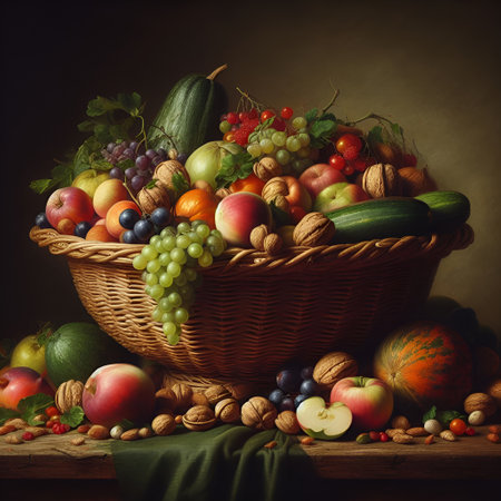 Fruits and vegetables in a basket on a dark background. Autumn harvest.の素材