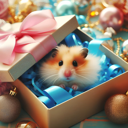 Hamster in a gift box. Christmas and New Year concept.の素材