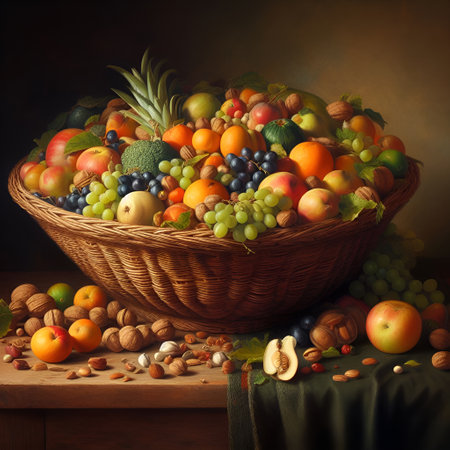 Composition with a basket full of fresh fruits and nuts on a wooden tableの素材