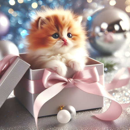 Cute kitten in a gift box on a background of Christmas decorationsの素材